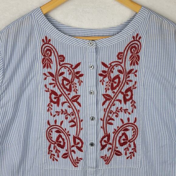 2X Tunic Boho Red Embroidery Pullover Top 3/4 Sleeve Blue White Stripe Casual - Picture 2 of 13